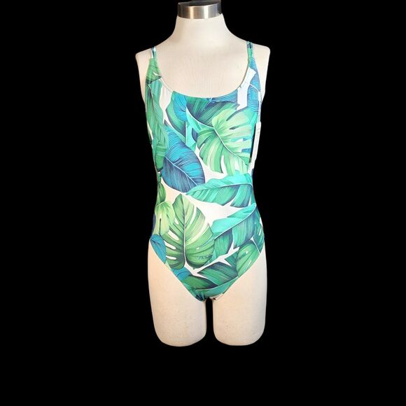 MOOSLOVER Women Green Blue Tropical Leaves Tummy Control 1 Piece Swimsuits Sz S - Picture 1 of 11